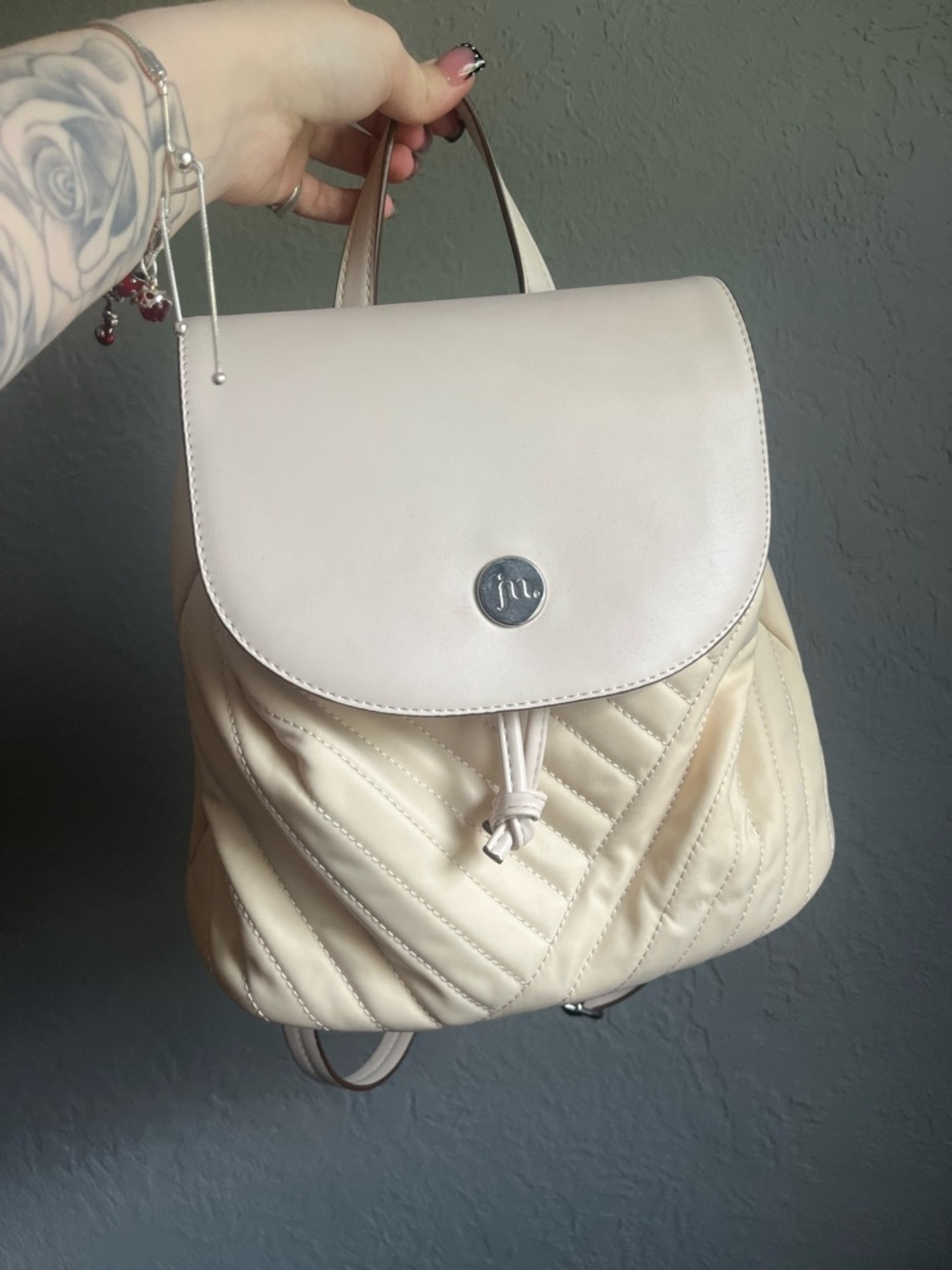 Cream Quilted Backpack with Top Flap and Drawstring